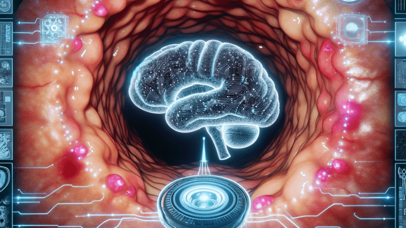 DALL·E 2023-11-19 14.35.24 - An image representing artificial intelligence in colonoscopy. The picture should depict a colonoscopy screen with visual markers or indicators typical