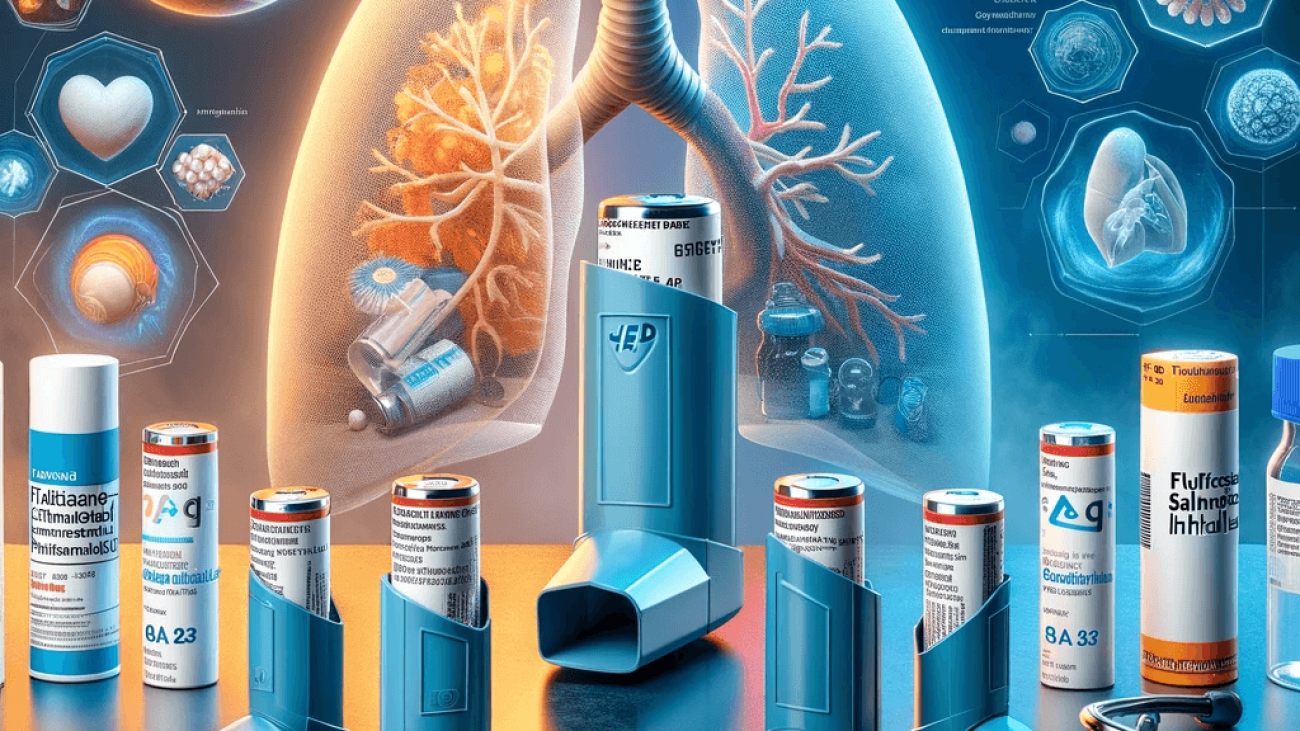 DALL·E 2023-11-19 14.35.36 - An image illustrating fluticasone-salmeterol inhalers, both generic and brand name, with a focus on Chronic Obstructive Pulmonary Disease (COPD). The