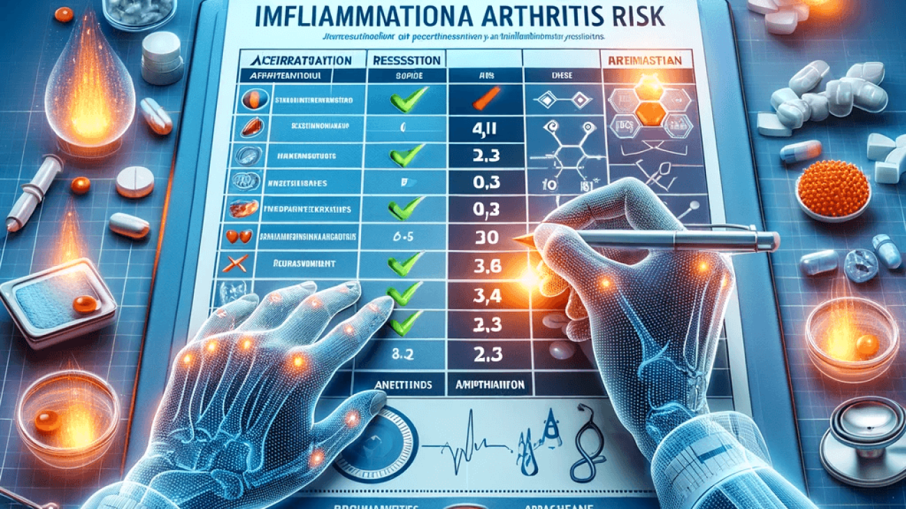 DALL·E 2023-11-19 14.35.40 - An image illustrating the assessment of inflammatory arthritis risk, visually representing elements of a risk score and its application in a clinical