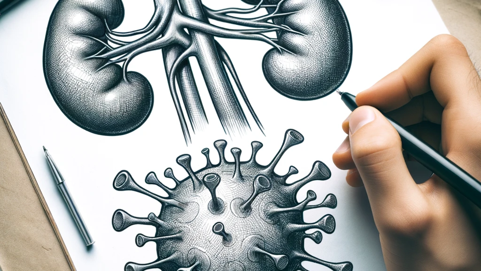 DALL·E 2023-12-31 14.11.07 - A professional drawing illustrating renal care and hepatitis. The drawing features kidneys and a hepatitis virus, with thick black contour lines, a me