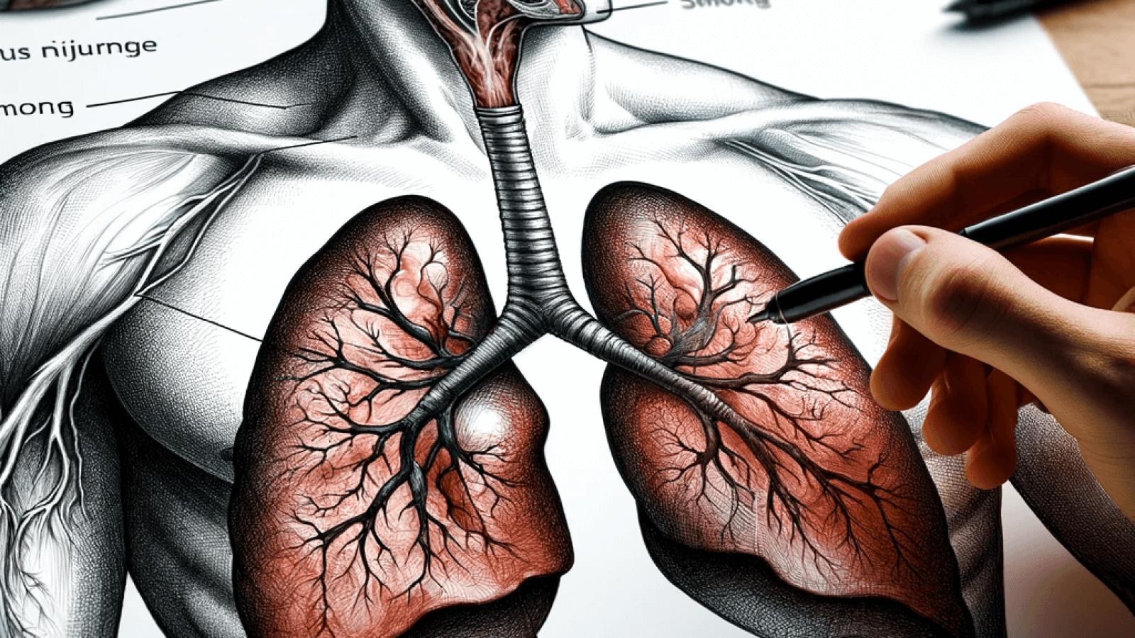 DALL·E 2023-12-31 14.19.46 - A professional drawing illustrating bronchiectasis and lung injury in smokers. The drawing features detailed images of the lungs with bronchiectasis, (1)