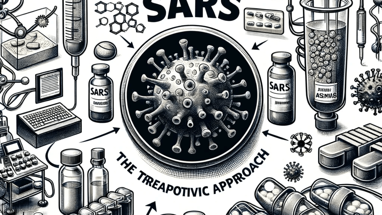 DALL·E 2023-12-31 18.41.54 - A professional drawing illustrating the therapeutic approach to SARS, featuring various treatment methods. The drawing includes images of antiviral me (1)