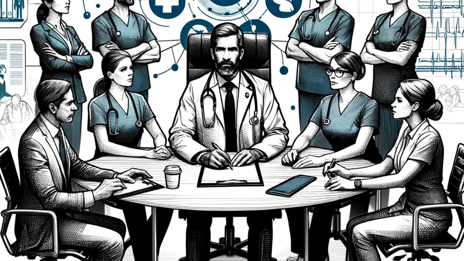 DALL·E 2024-01-31 12.57.14 - A professional drawing illustrating the concept of team-based medical care. The image features a central figure of a physician in a leadership role, s (1)