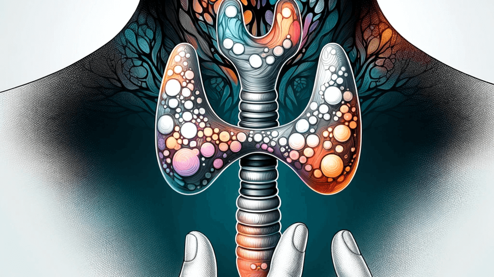 DALL·E 2024-01-31 22.43.36 - A sophisticated and artistic medical illustration for a Facebook post, featuring a stylized thyroid gland affected by Hashimoto's disease. The thyroid (1)