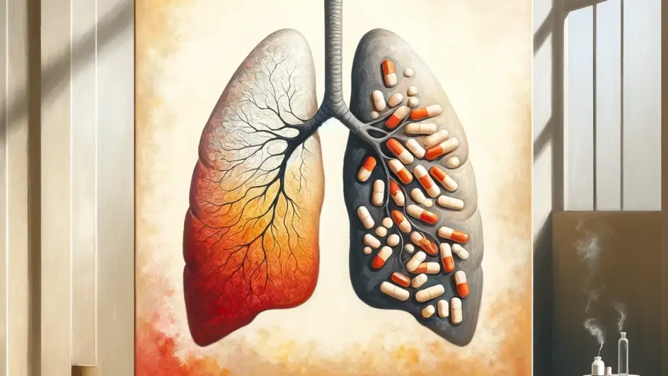 DALL·E 2024-03-02 15.40.28 - Craft a museum-quality, minimalistic painting that captures the essence of the balance between gabapentinoids use and chronic obstructive pulmonary di (1)