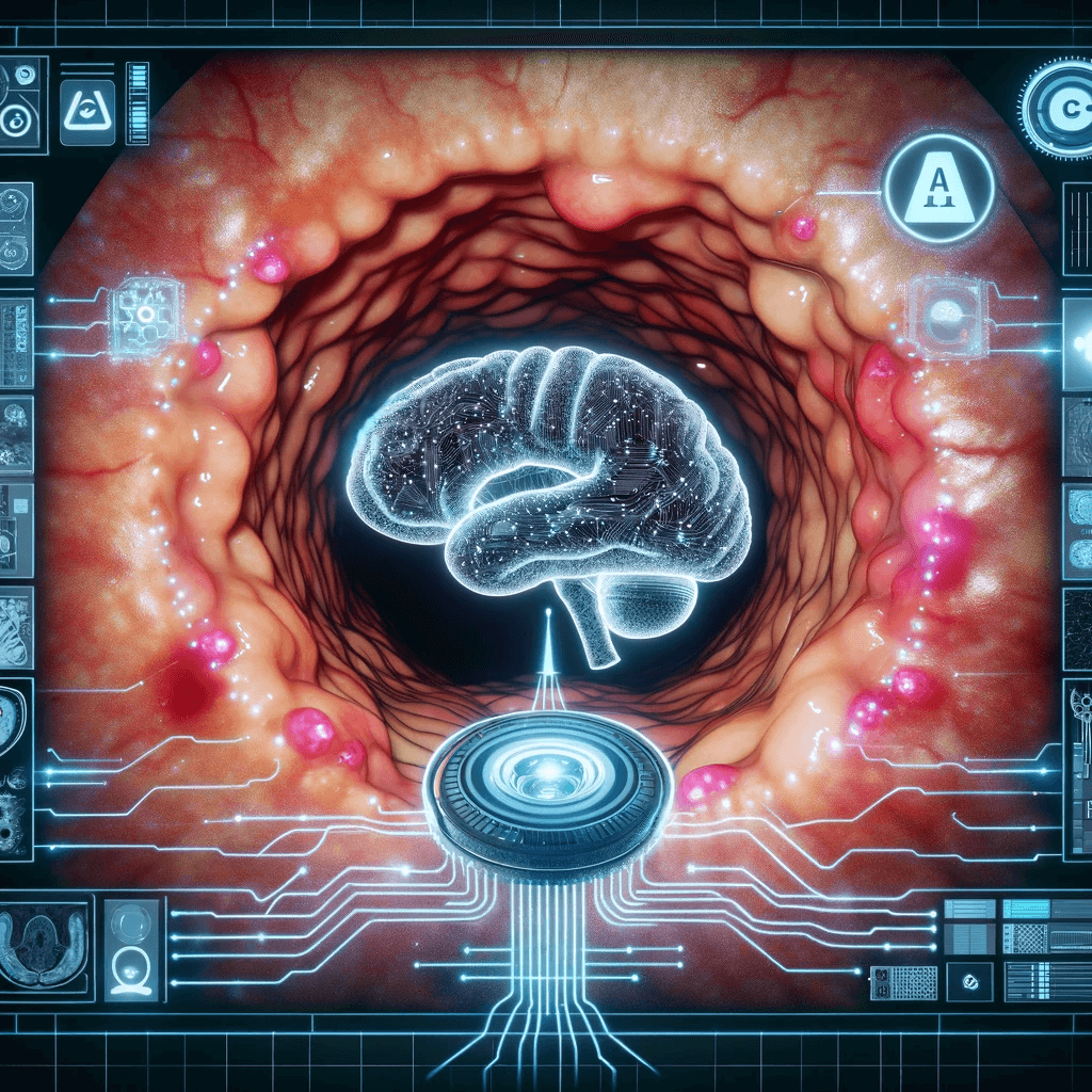 DALL·E 2023-11-19 14.35.24 - An image representing artificial intelligence in colonoscopy. The picture should depict a colonoscopy screen with visual markers or indicators typical