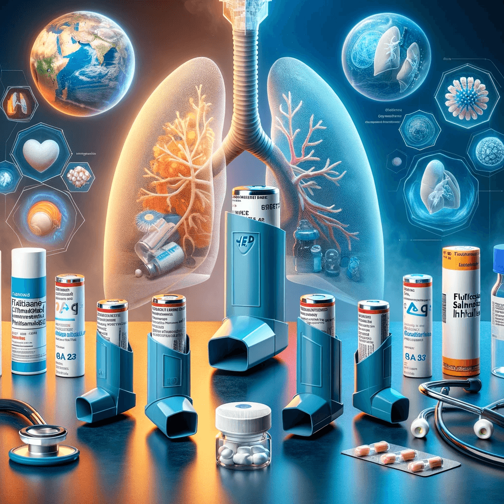 DALL·E 2023-11-19 14.35.36 - An image illustrating fluticasone-salmeterol inhalers, both generic and brand name, with a focus on Chronic Obstructive Pulmonary Disease (COPD). The