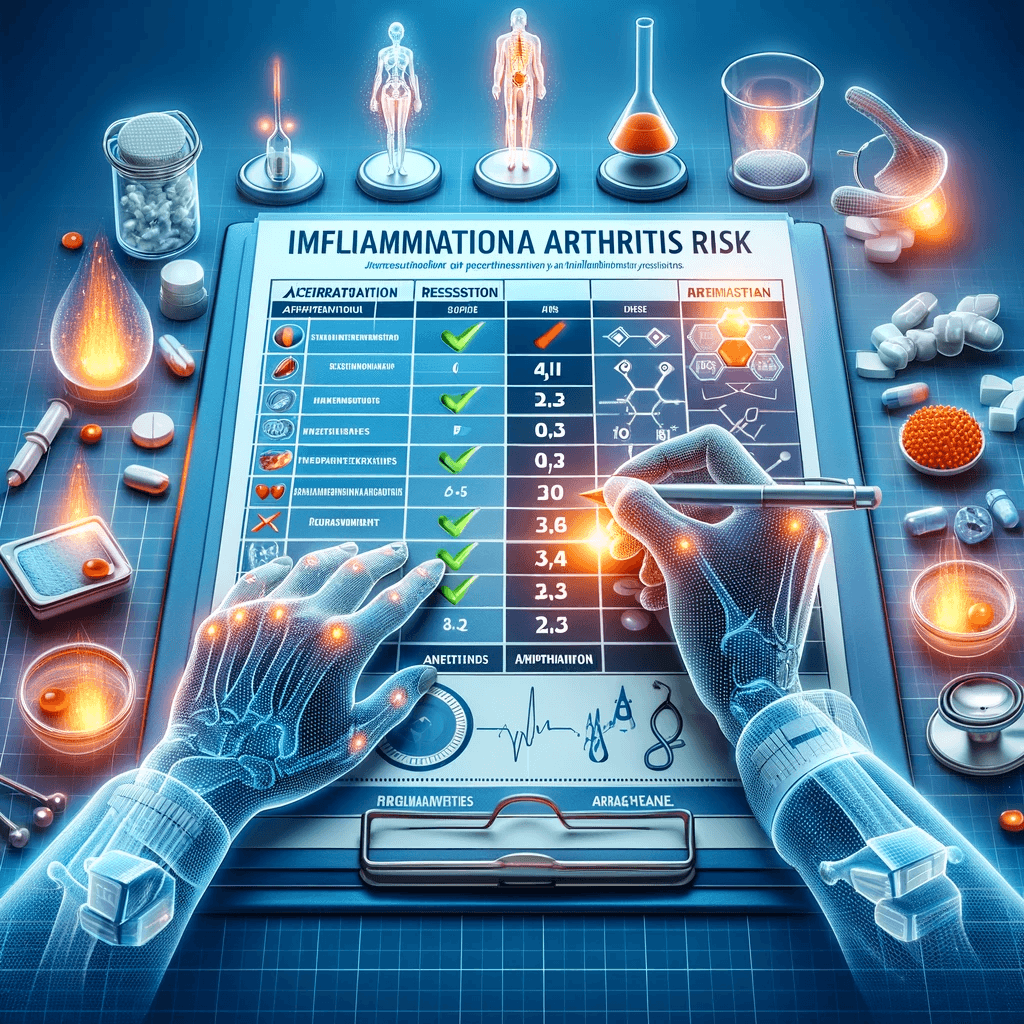 DALL·E 2023-11-19 14.35.40 - An image illustrating the assessment of inflammatory arthritis risk, visually representing elements of a risk score and its application in a clinical