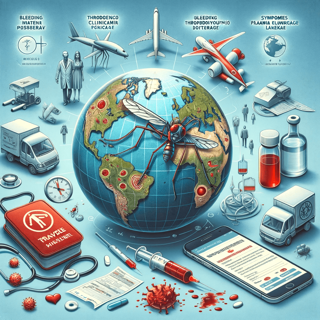 DALL·E 2023-11-19 14.35.54 - An image illustrating severe dengue in travelers, showing elements such as Aedes mosquitoes, travel symbols, and representations of symptoms or clinic