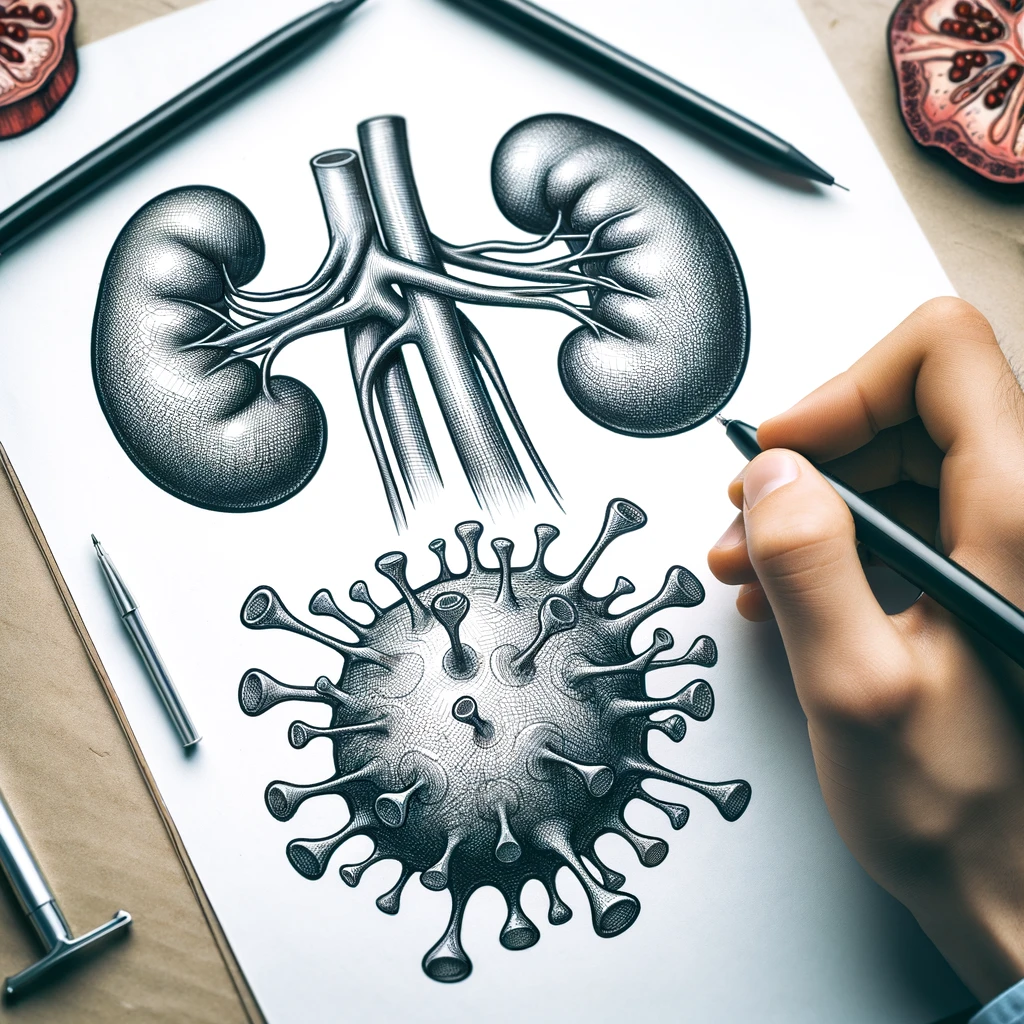 DALL·E 2023-12-31 14.11.07 - A professional drawing illustrating renal care and hepatitis. The drawing features kidneys and a hepatitis virus, with thick black contour lines, a me