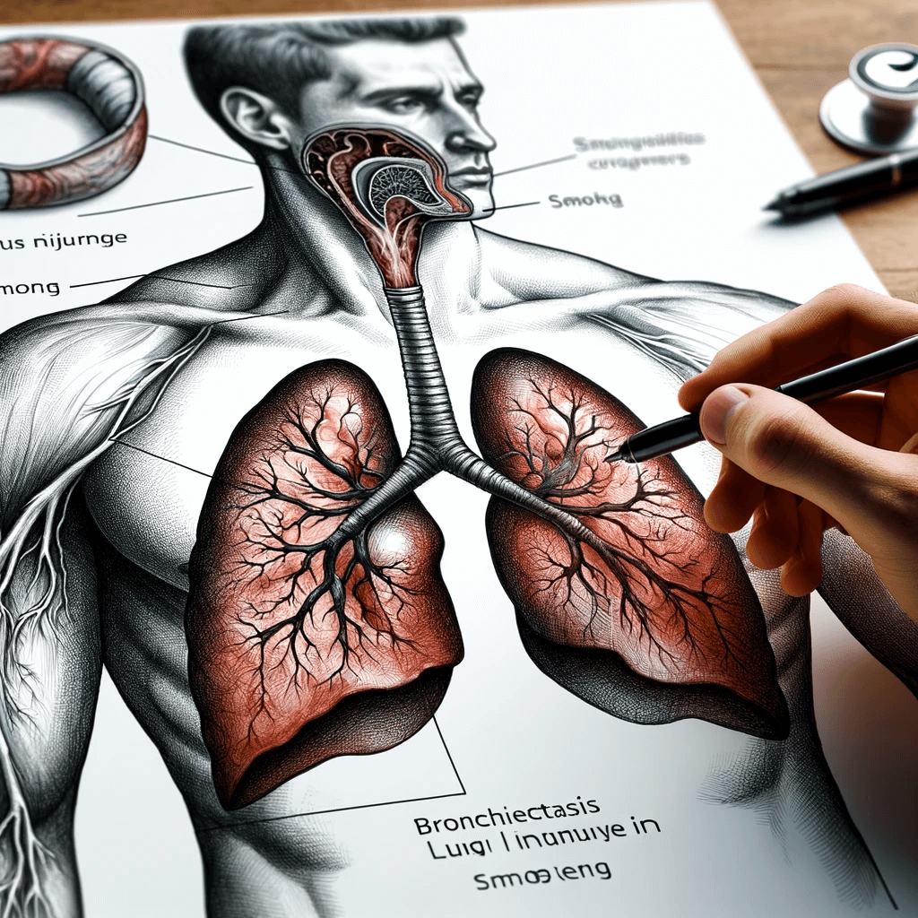 DALL·E 2023-12-31 14.19.46 - A professional drawing illustrating bronchiectasis and lung injury in smokers. The drawing features detailed images of the lungs with bronchiectasis, (1)