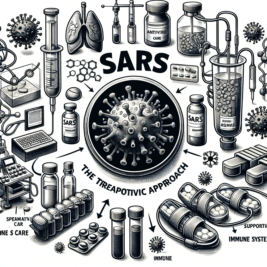 DALL·E 2023-12-31 18.41.54 - A professional drawing illustrating the therapeutic approach to SARS, featuring various treatment methods. The drawing includes images of antiviral me (1)