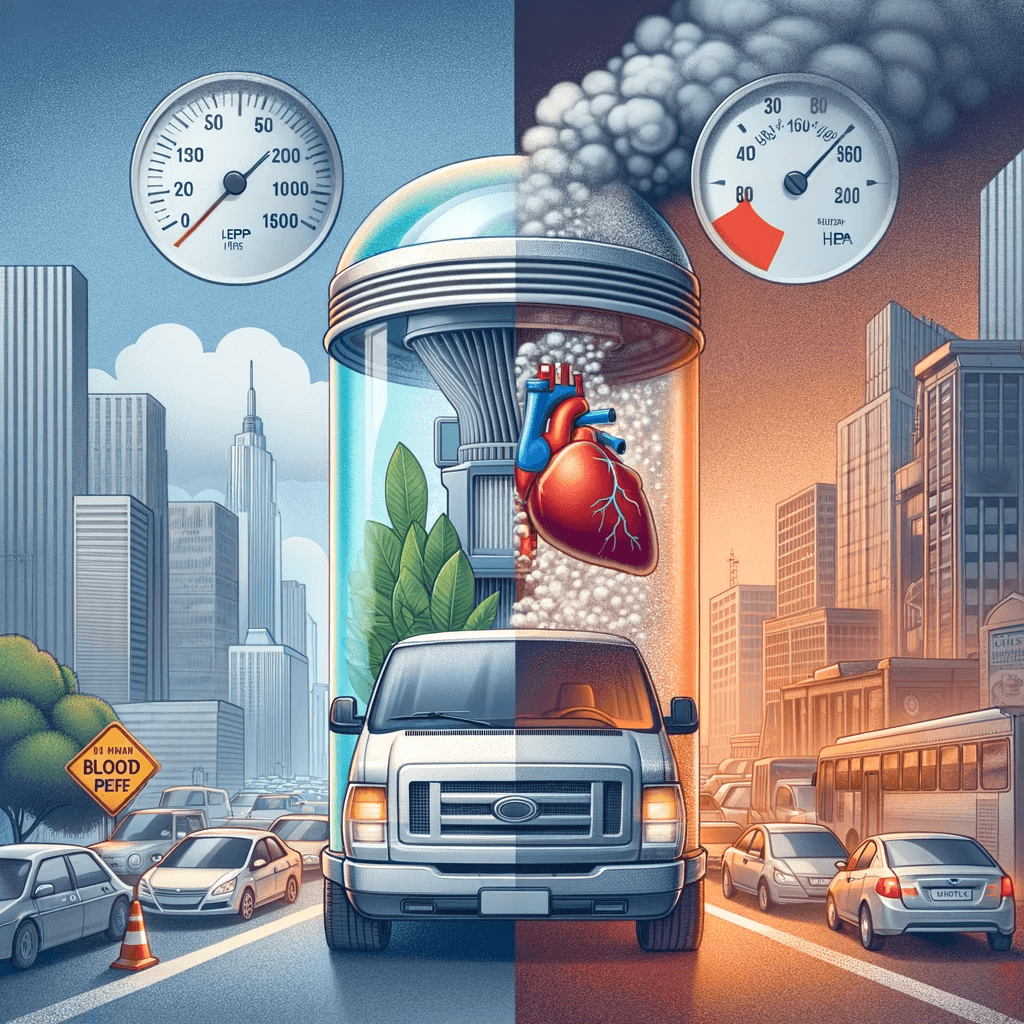 DALL·E 2023-12-31 19.34.18 - A visual illustration depicting a vehicle in a congested urban environment, highlighting the contrast between filtered and unfiltered air and its impa (1)