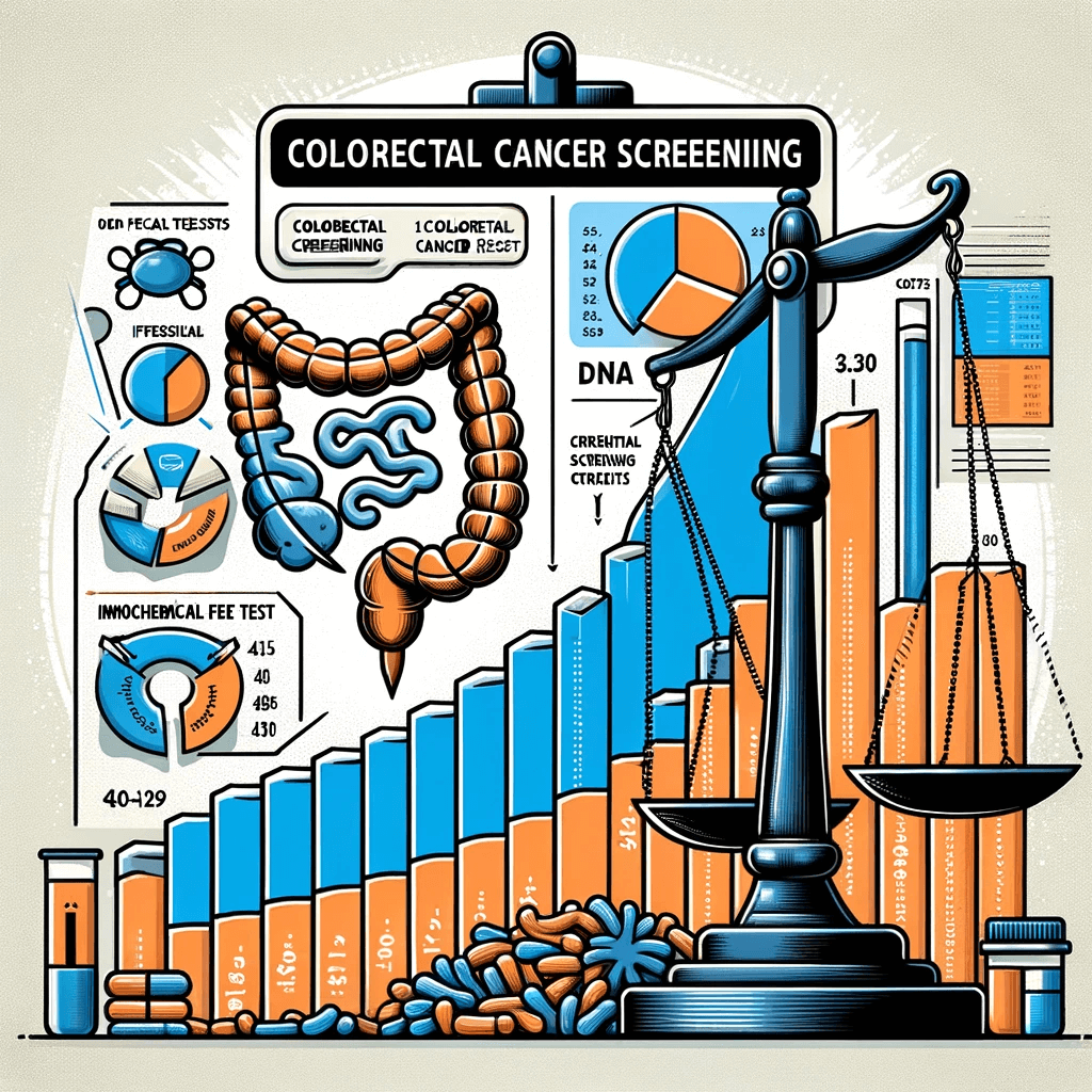 DALL·E 2024-01-31 12.25.55 - An illustration representing the key elements of colorectal cancer screening controversies. The image includes a rising graph depicting the increasing (1)