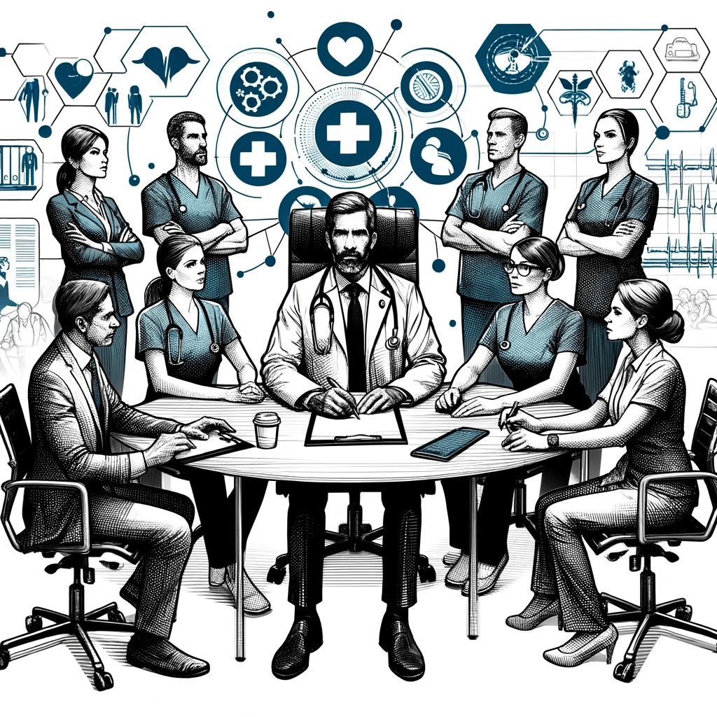 DALL·E 2024-01-31 12.57.14 - A professional drawing illustrating the concept of team-based medical care. The image features a central figure of a physician in a leadership role, s (1)