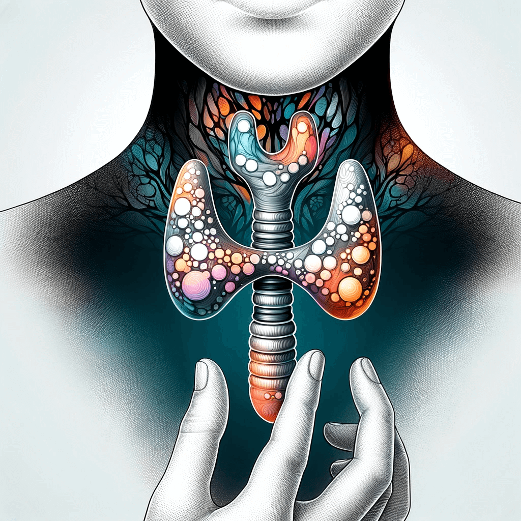 DALL·E 2024-01-31 22.43.36 - A sophisticated and artistic medical illustration for a Facebook post, featuring a stylized thyroid gland affected by Hashimoto's disease. The thyroid (1)