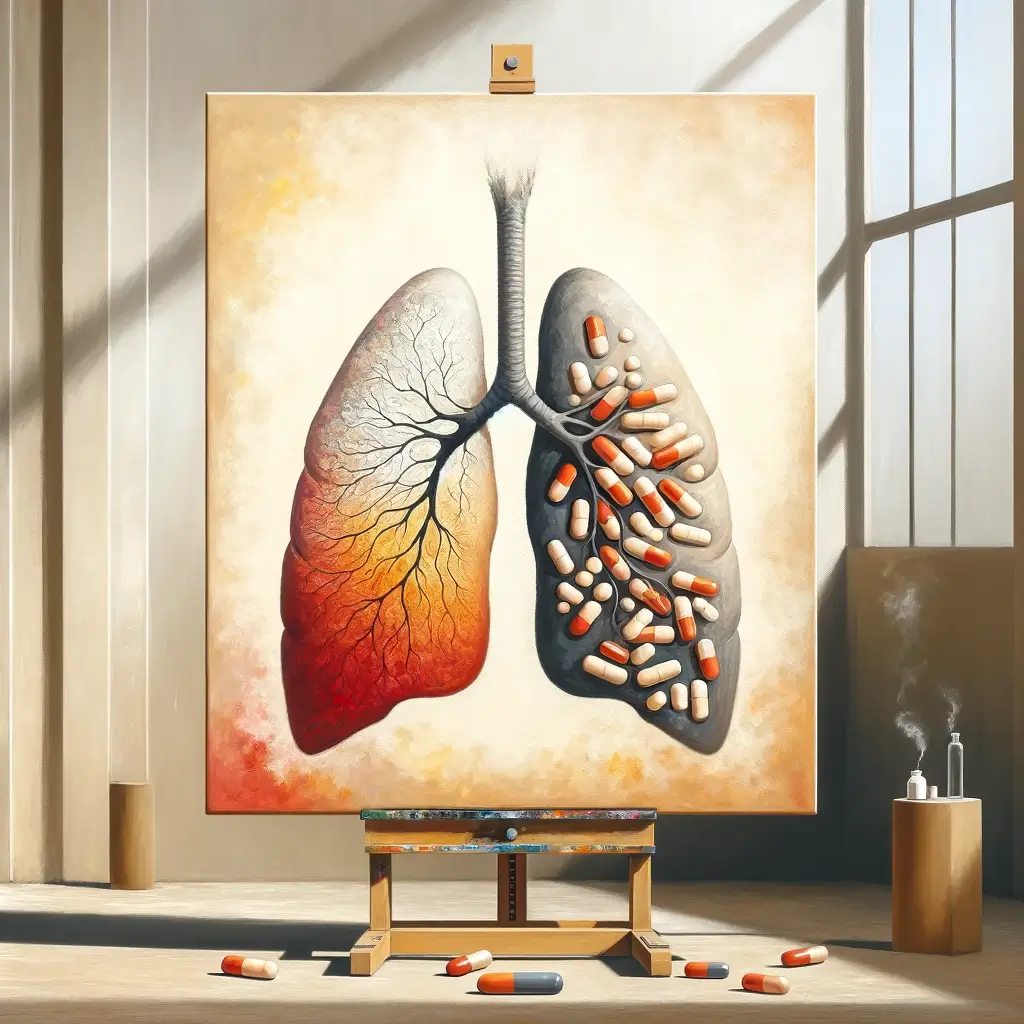 DALL·E 2024-03-02 15.40.28 - Craft a museum-quality, minimalistic painting that captures the essence of the balance between gabapentinoids use and chronic obstructive pulmonary di (1)